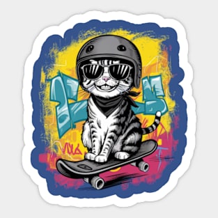 A unique and fun design featuring a stylish cat wearing a helmet and skateboarding. (2) Sticker